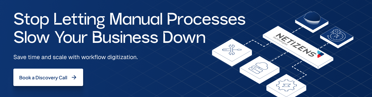 Workflow digitization banner showing connected business systems to reduce manual work and improve operational efficiency.
